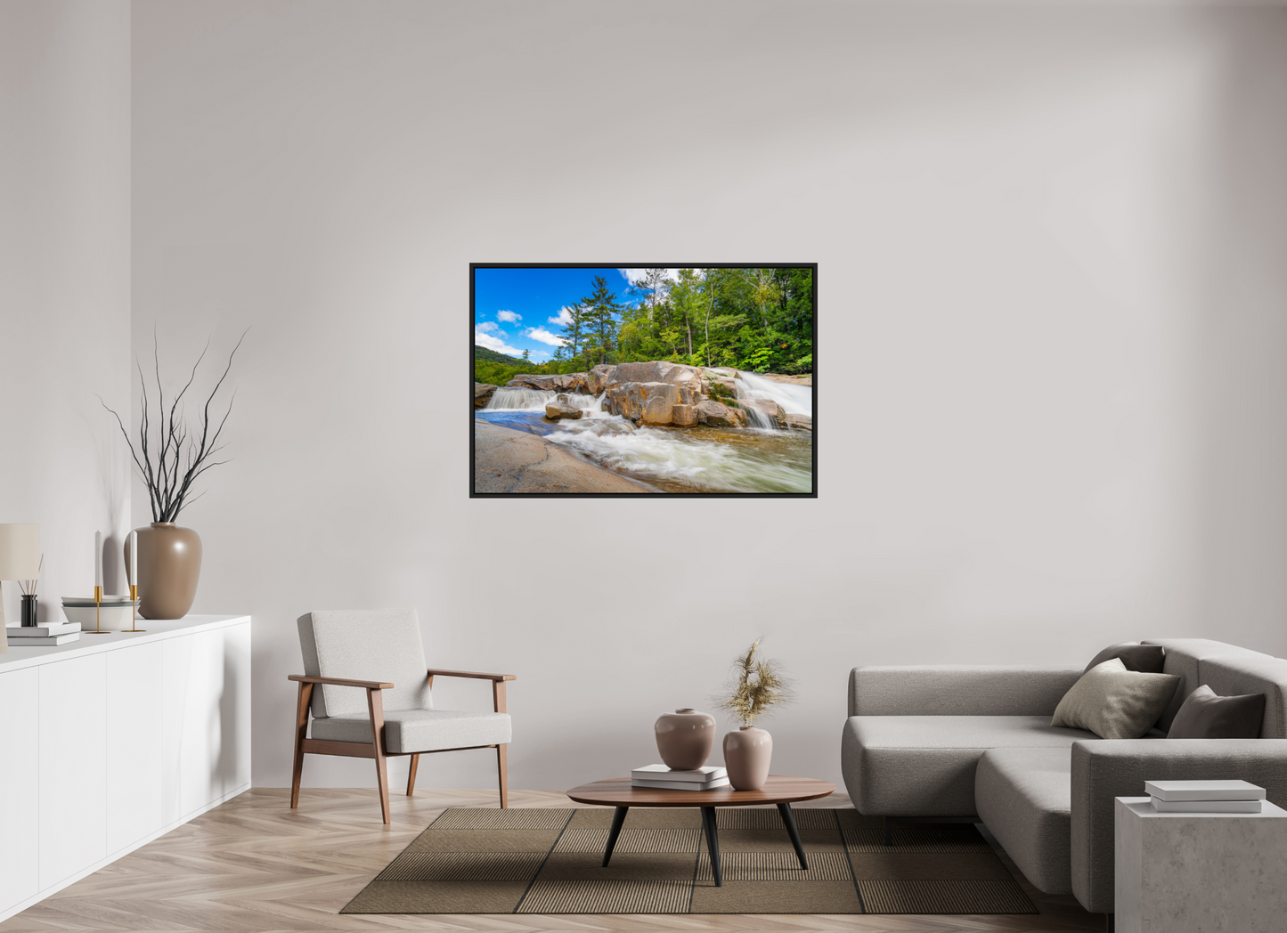 54 x 36″, ChromaLuxe HD Metal Print with Black Wood Floater Frame Kancamagus Waterfall