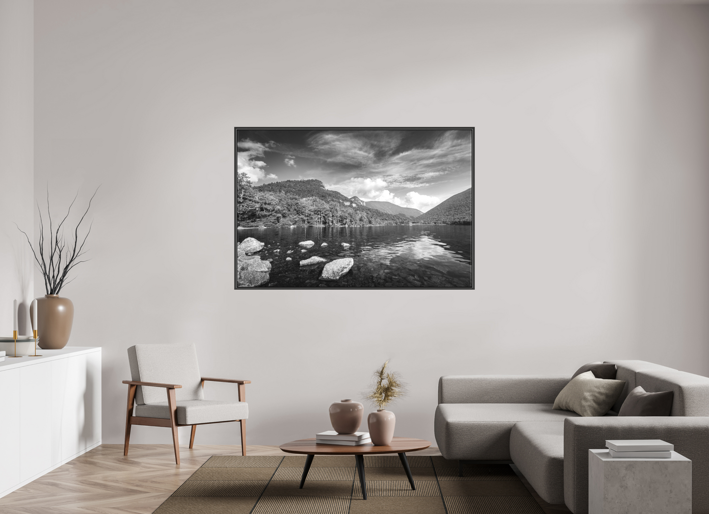 66 x 44″, Matte Canvas Print with Black Wood Floater Frame Overlooking Echo Lake
