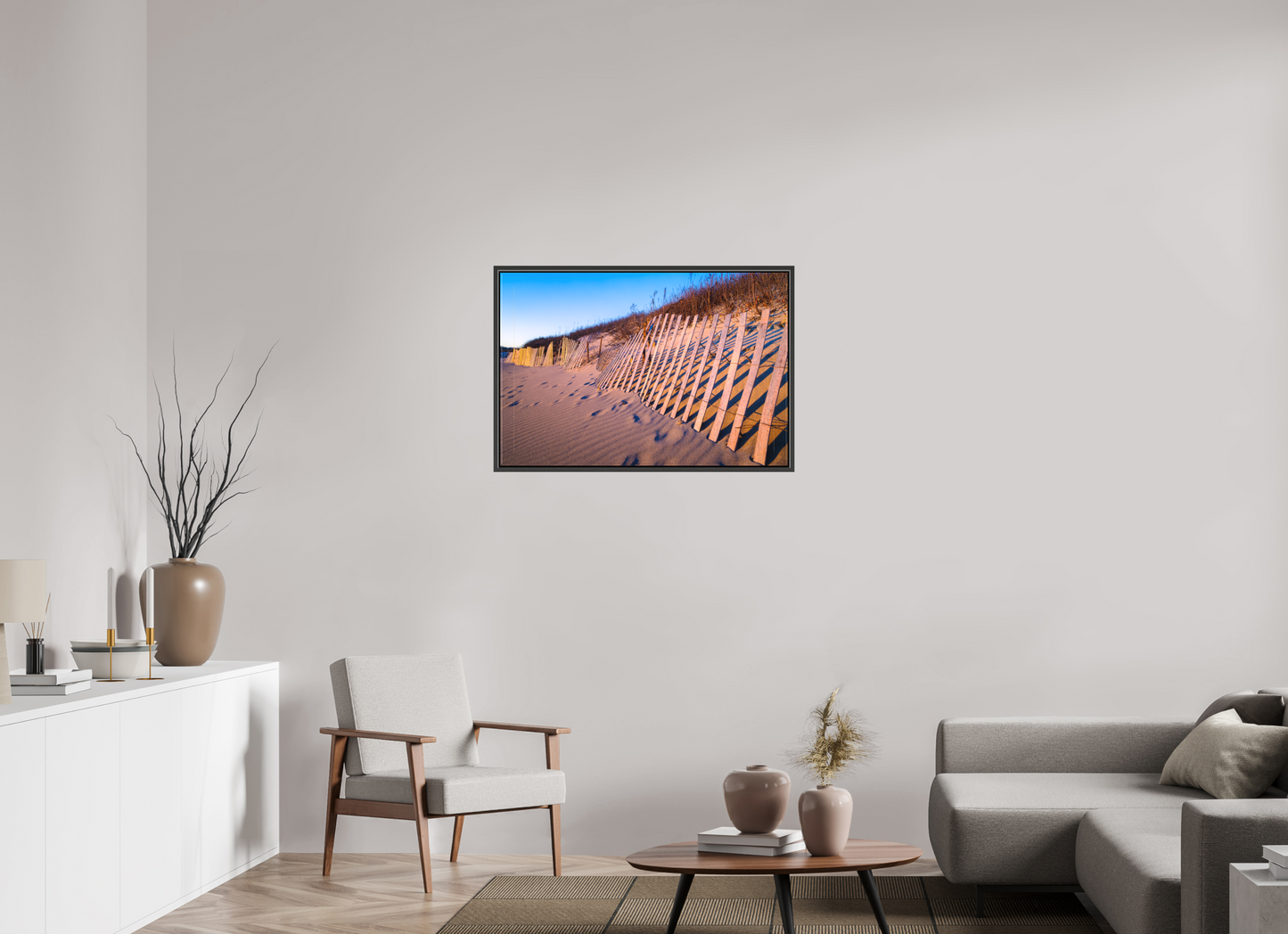 36 x 24″, Matte Canvas Print with Black Wood Floater Frame Sunset Glow on Sand Hill Cove Dunes
