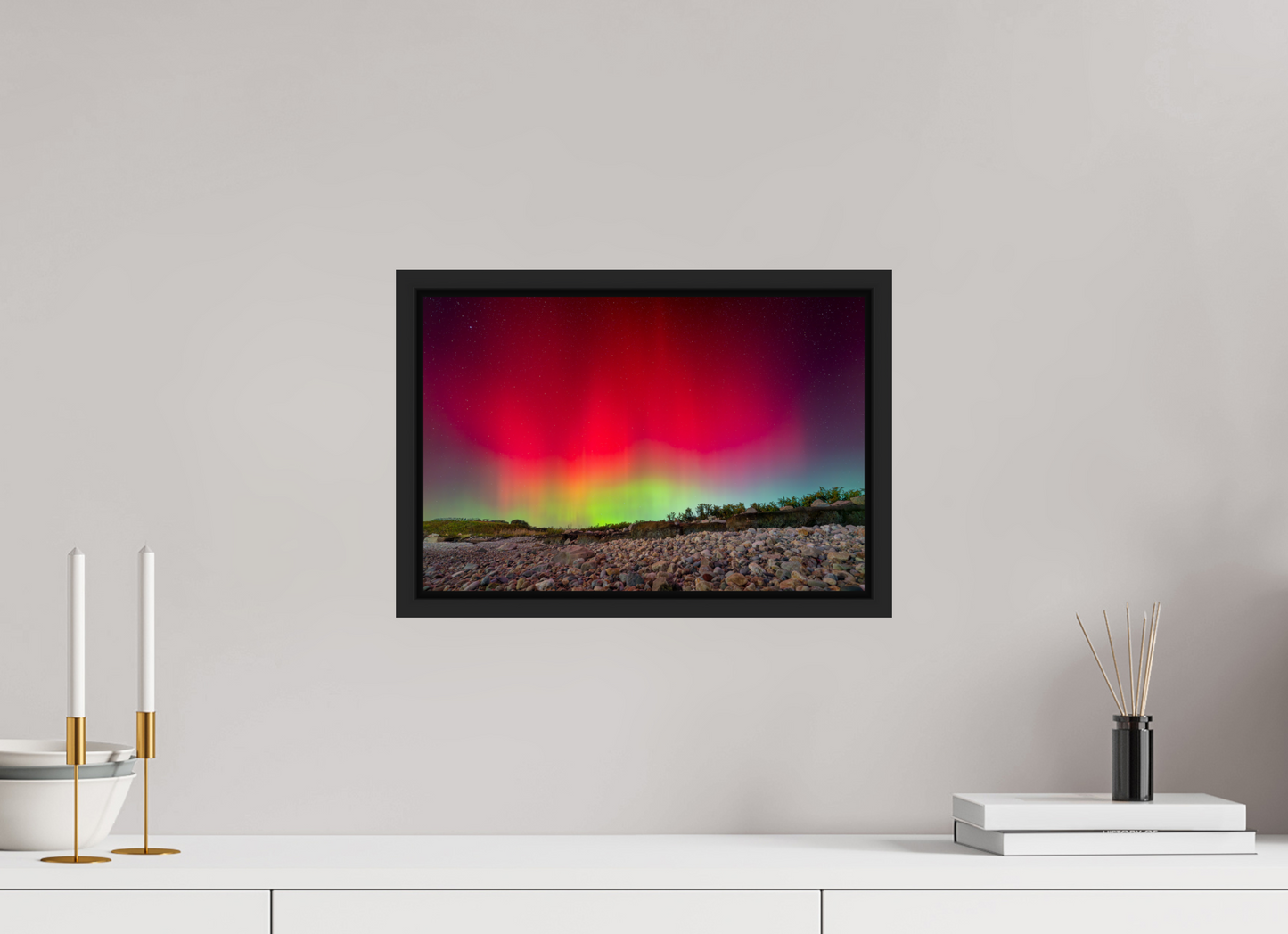 15 x 10″, ChromaLuxe HD Metal Print with Black Wood Floater Frame Aurora Borealis at Camp Cronin