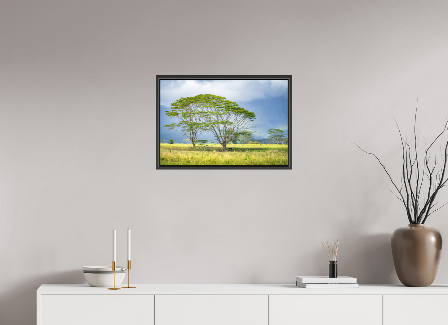 24 x 16″, Matte Canvas Print with Black Wood Floater Frame Savanna Trees of Kauai