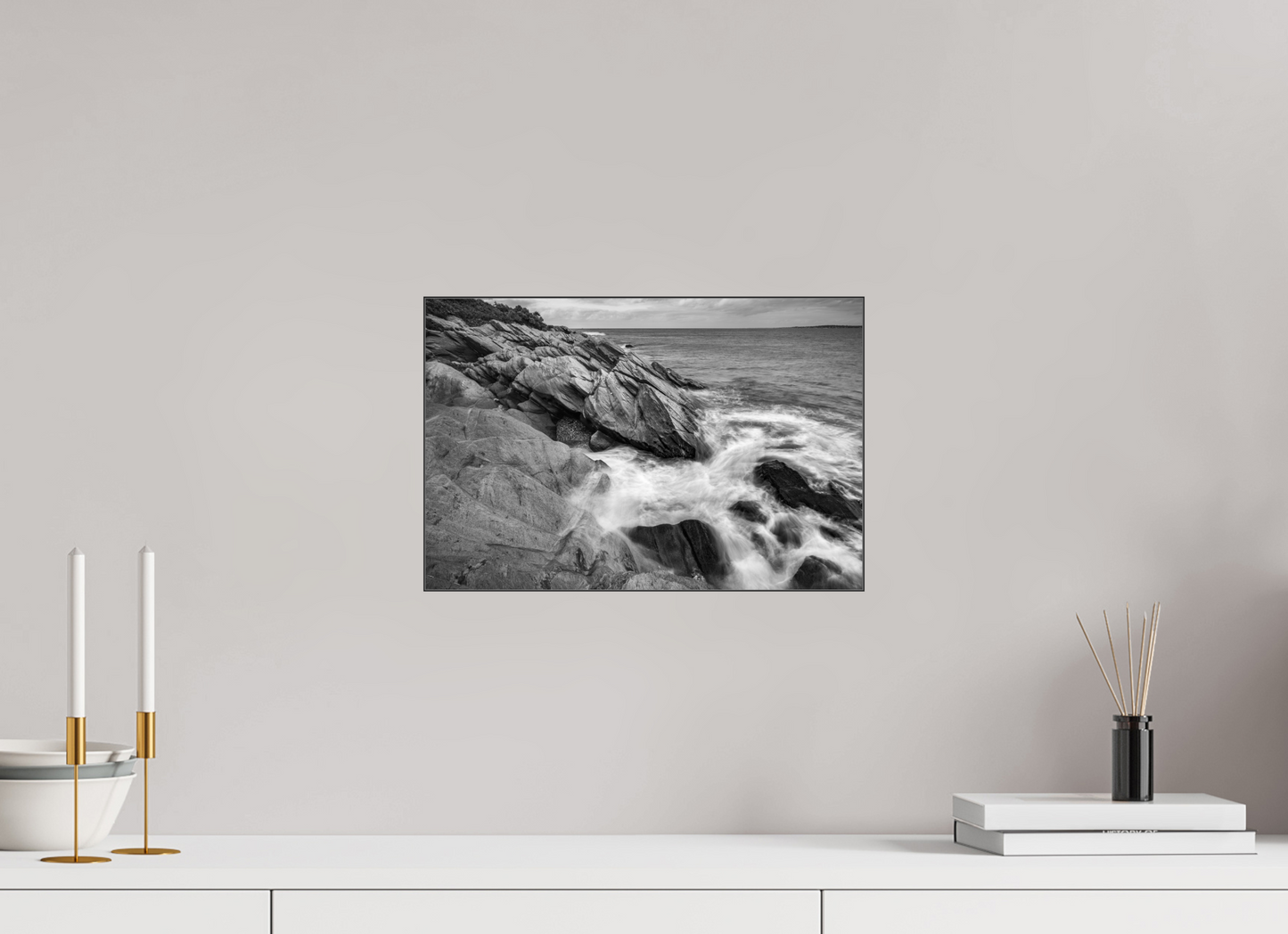 15 x 10″, Photo Print under Acrylic Glass with Black Slimline Case Beavertail Cliffs