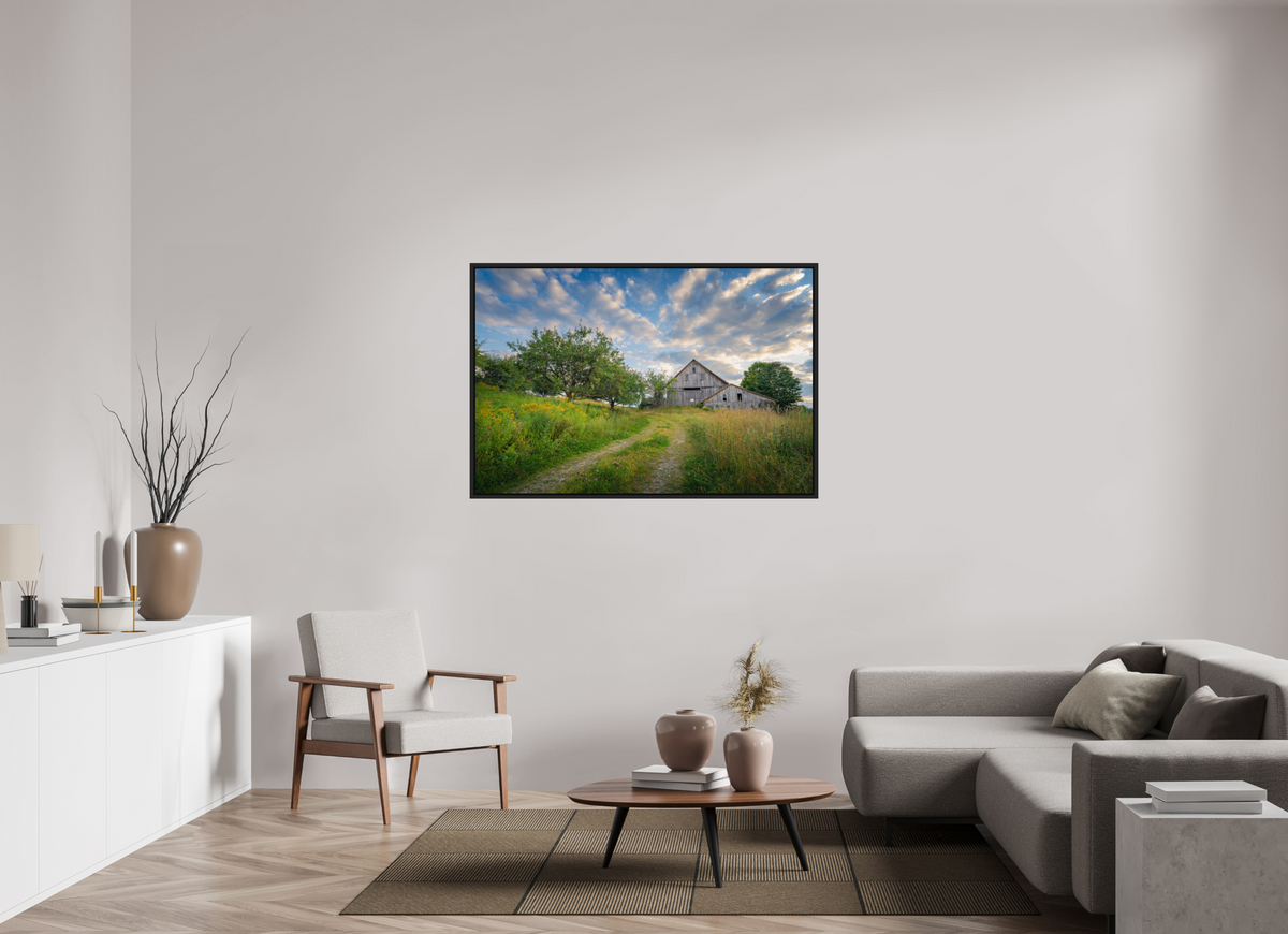 54 x 36″, Premium Photo Print under Acrylic Glass with Black Wood Floater Frame Countryside Barn