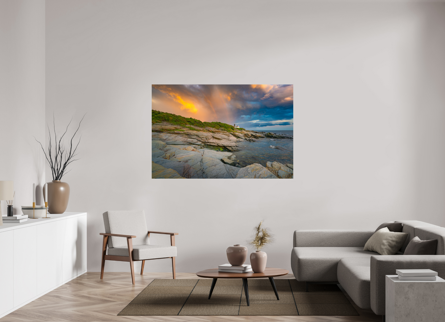 66 x 44″, Premium Metallic Effect Photo Print on Fuji Crystal Pearl Paper Rainbow Over Beavertail Lighthouse