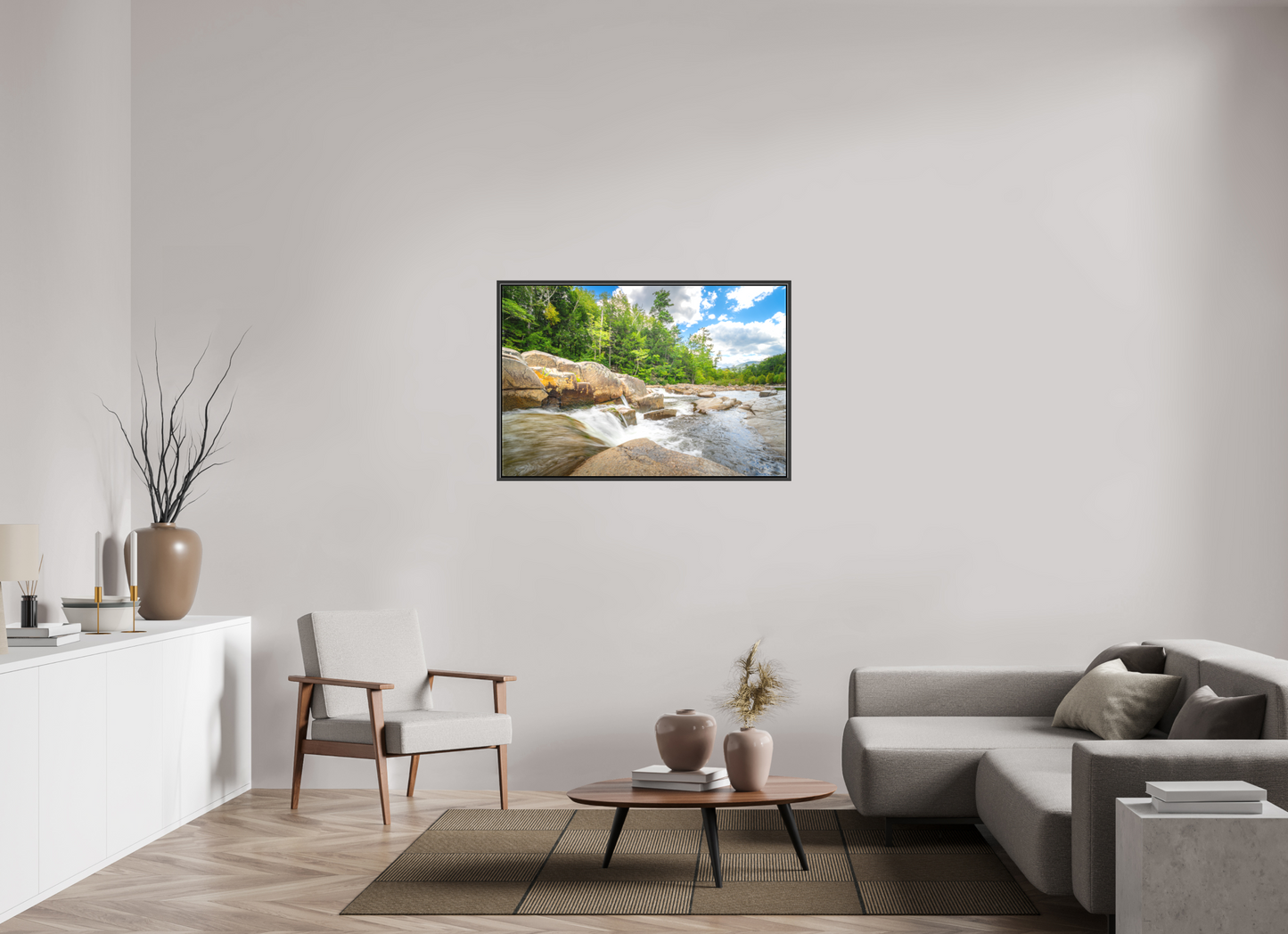 45 x 30″, Matte Canvas Print with Black Wood Floater Frame Over the Falls