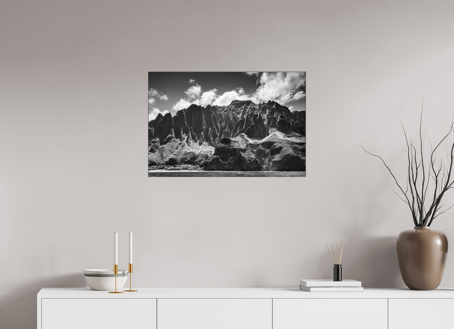 30 x 20″, Photo Print under Acrylic Glass with Black Slimline Case Rugged Coastline Along the Napali Coast
