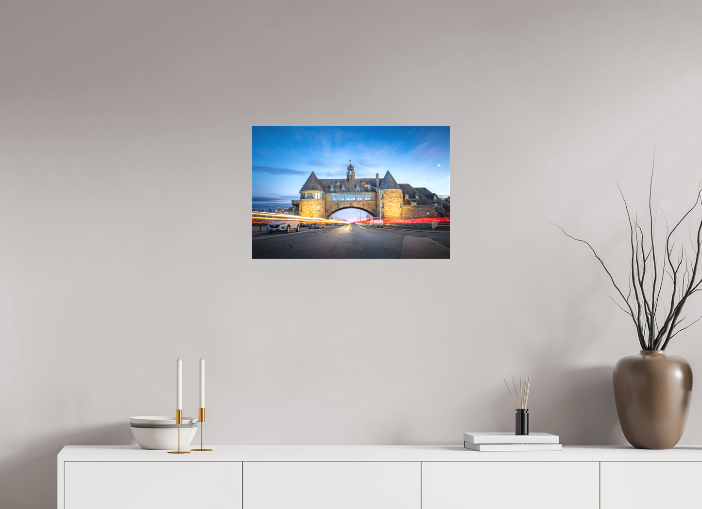 24 x 16″, Matte Canvas Print Narragansett Towers and Light Trails