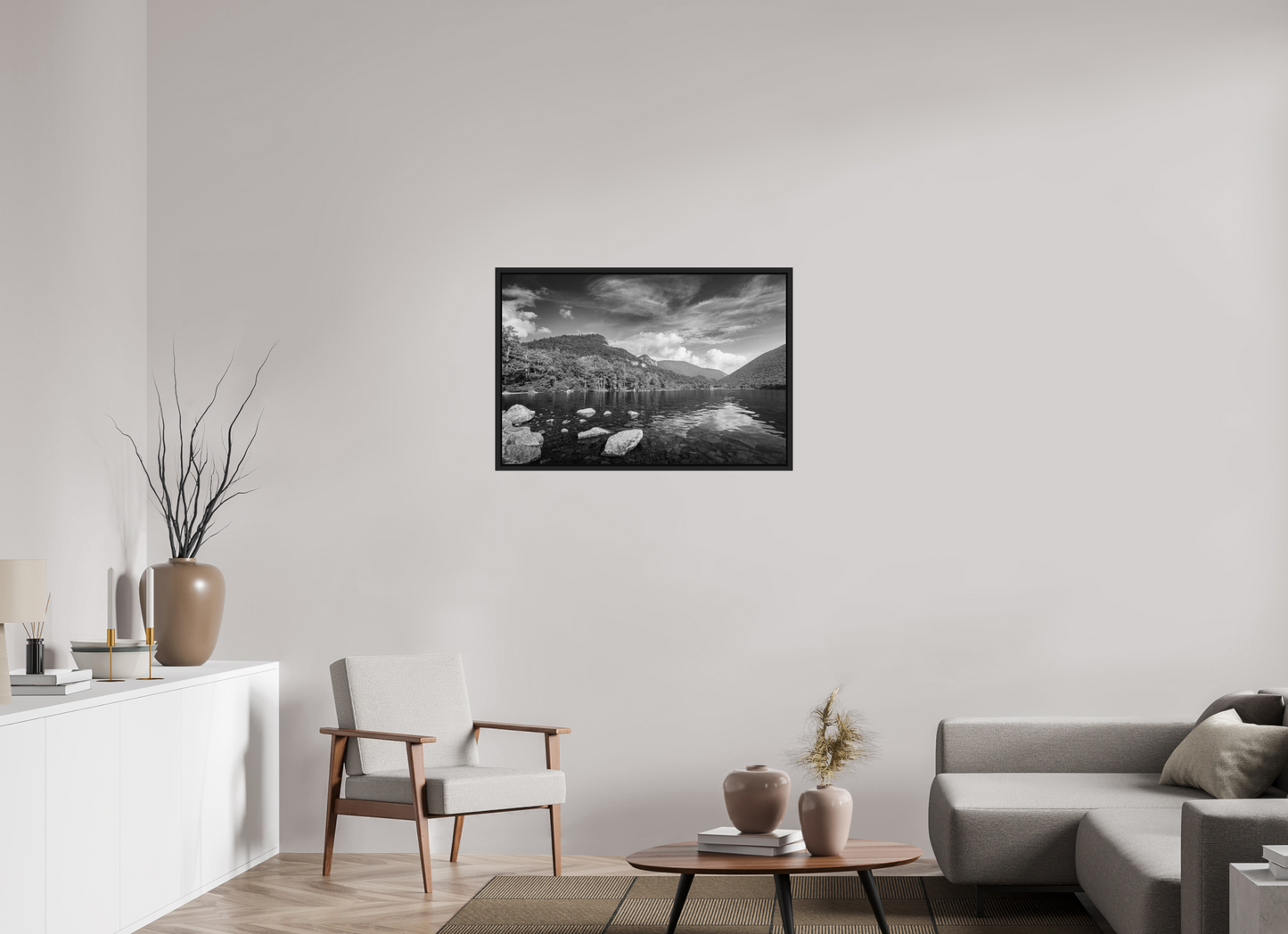 36 x 24″, Photo Print under Acrylic Glass with Black Wood Floater Frame Overlooking Echo Lake