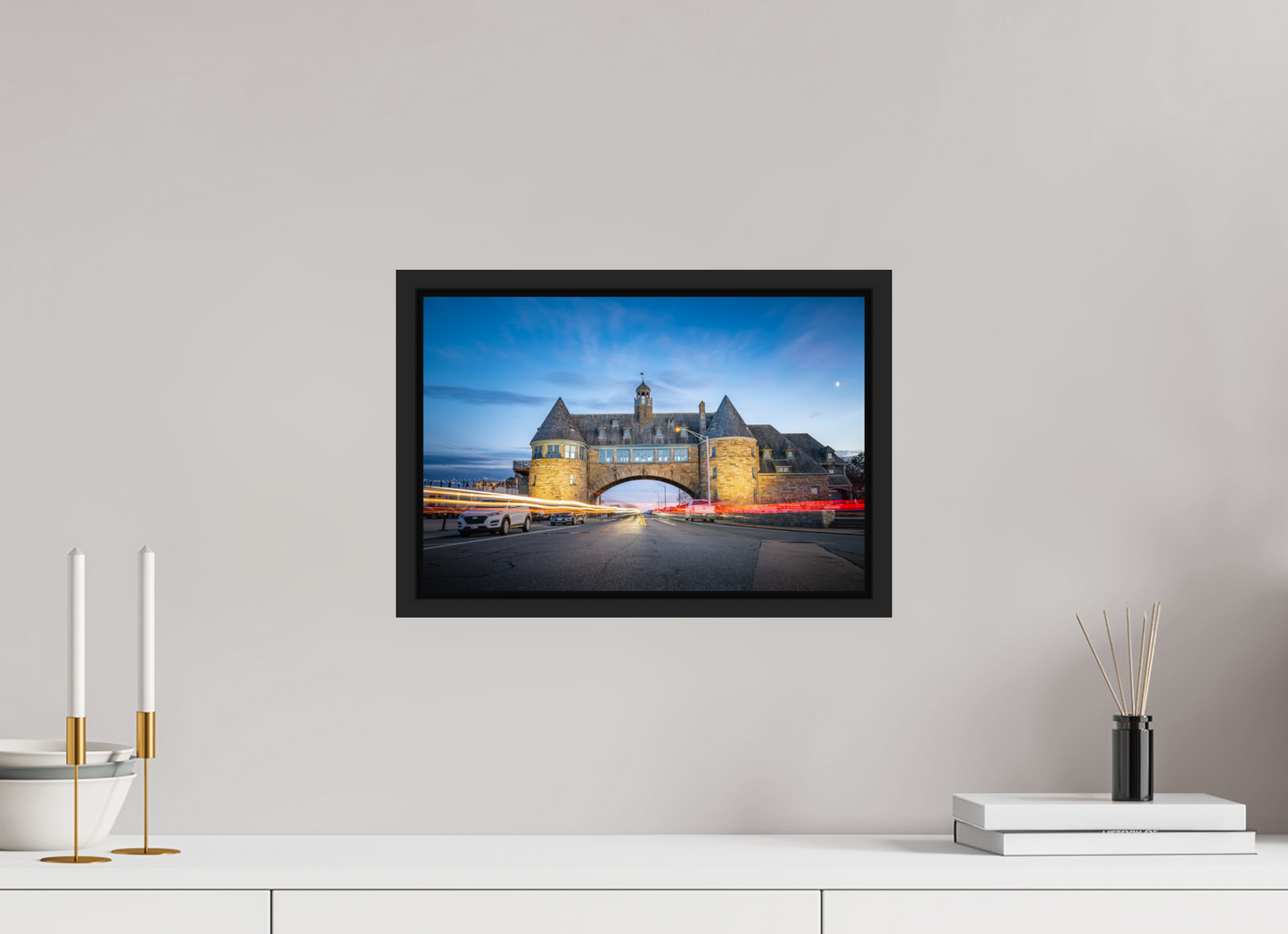 15 x 10″, ChromaLuxe HD Metal Print with Black Wood Floater Frame Narragansett Towers and Light Trails