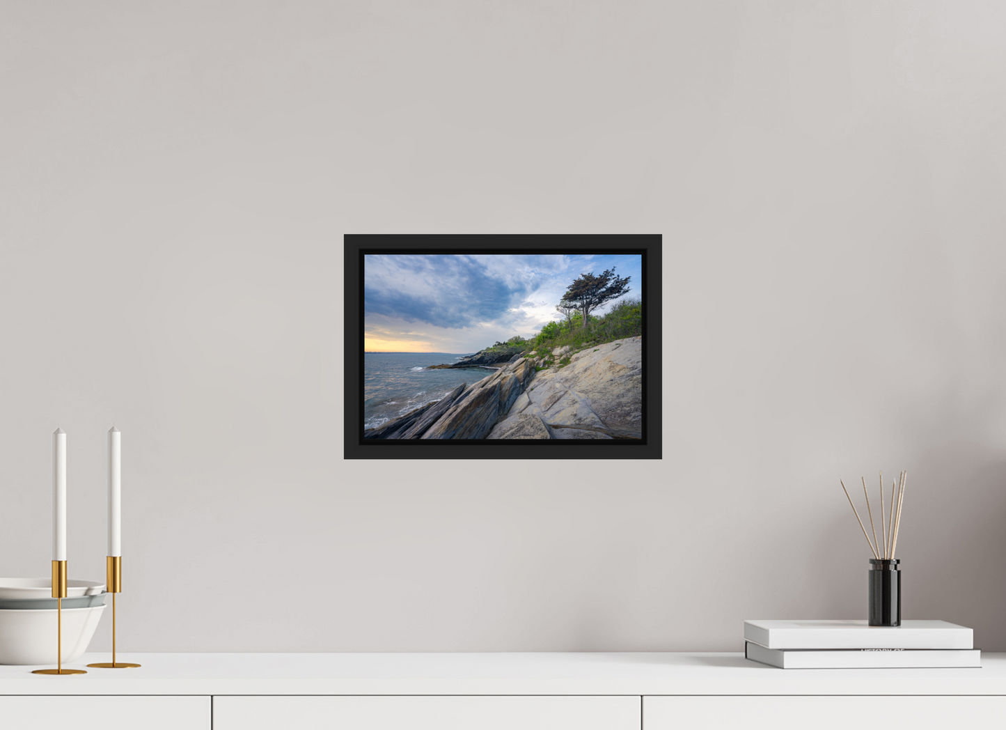 12 x 8″, Premium Photo Print under Acrylic Glass with Black Wood Floater Frame Rain in the Distance at Beavertail