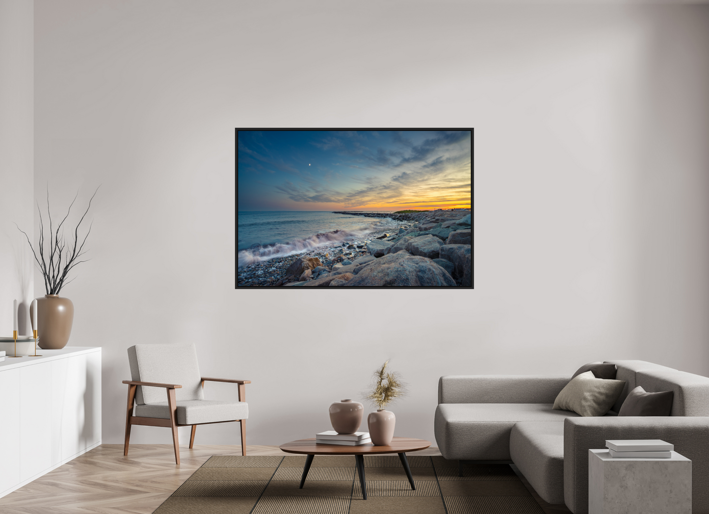 66 x 44″, Photo Print under Acrylic Glass with Black Wood Floater Frame Sunset at Camp Cronin