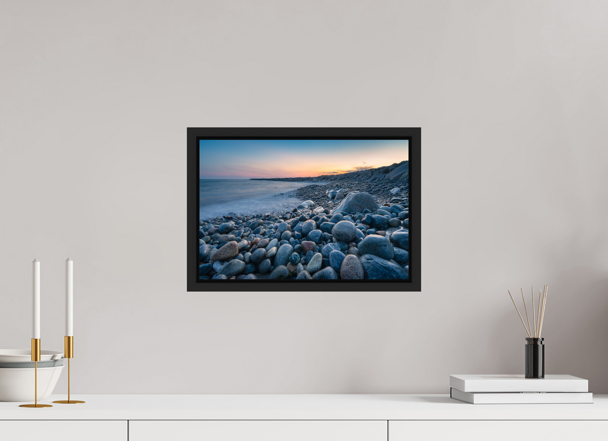 15 x 10″, Premium Photo Print under Acrylic Glass with Black Wood Floater Frame A Sea of Pebbles at Camp Cronin
