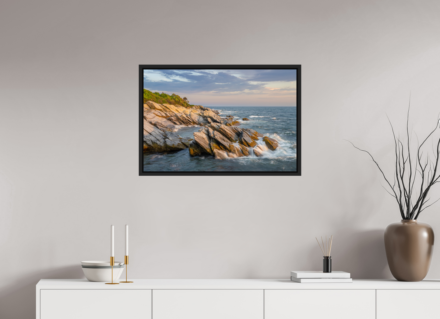 30 x 20″, Premium ChromaLuxe HD Aluminum Metal Print with Black Wood Floater Frame Beavertail Cliffs Approaching Sunset