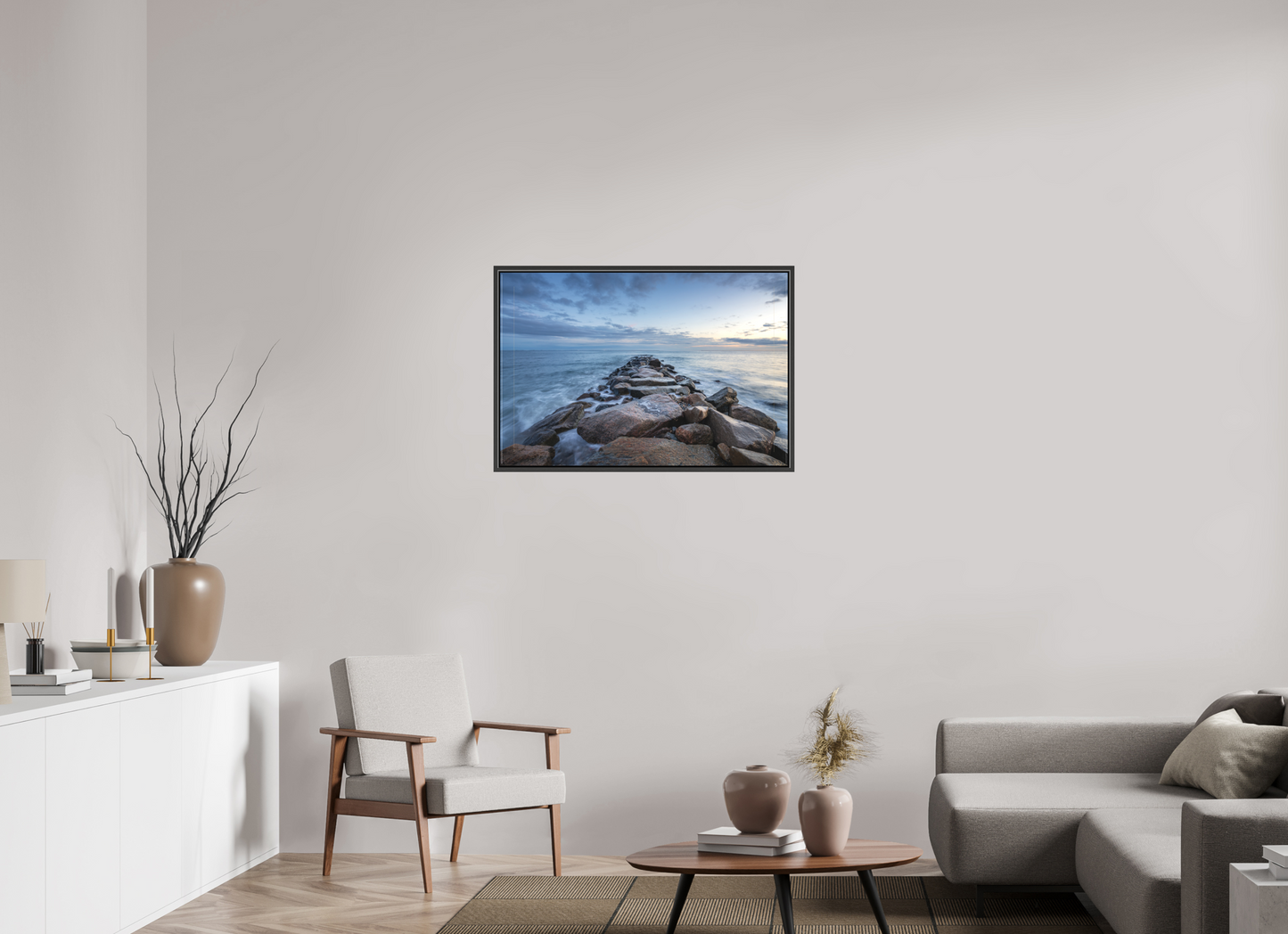 36 x 24″, Matte Canvas Print with Black Wood Floater Frame Roger Wheeler State Beach at Blue Hour
