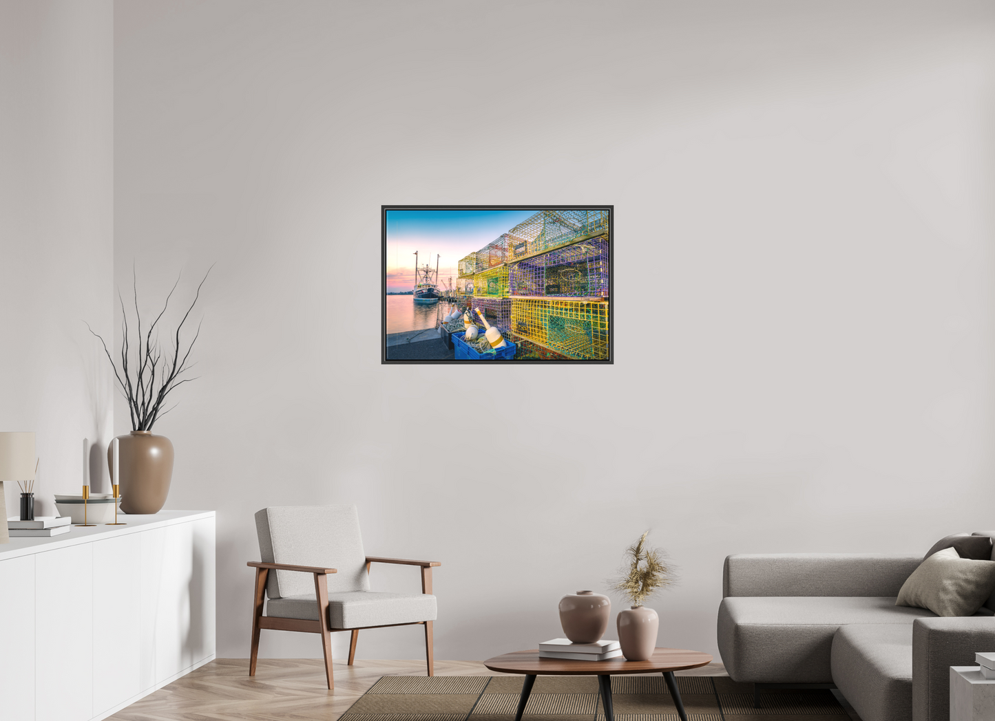 36 x 24″, Matte Canvas Print with Black Wood Floater Frame A Wall of Colorful Lobster Pots