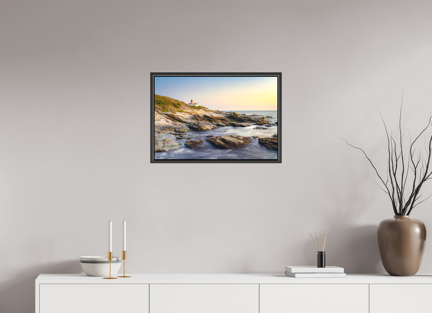 24 x 16″, Matte Canvas Print with Black Wood Floater Frame Beavertail Lighthouse