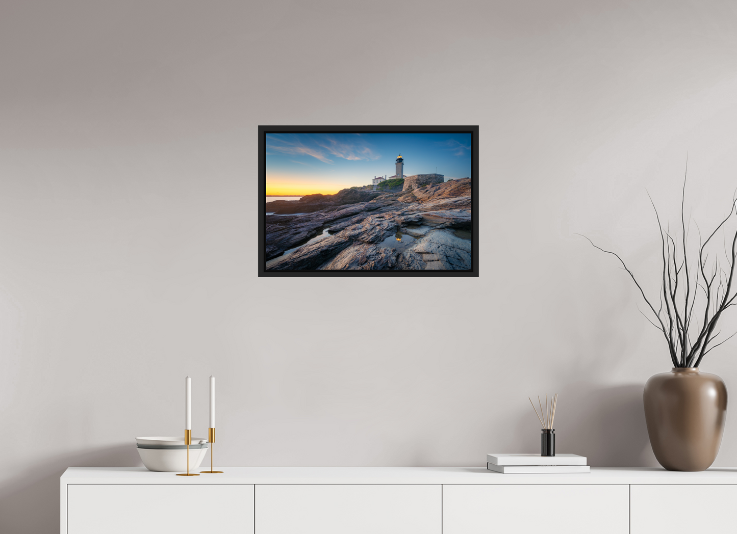 24 x 16″, Premium ChromaLuxe HD Aluminum Metal Print with Black Wood Floater Frame Beavertail Lighthouse Tide Pool Reflection