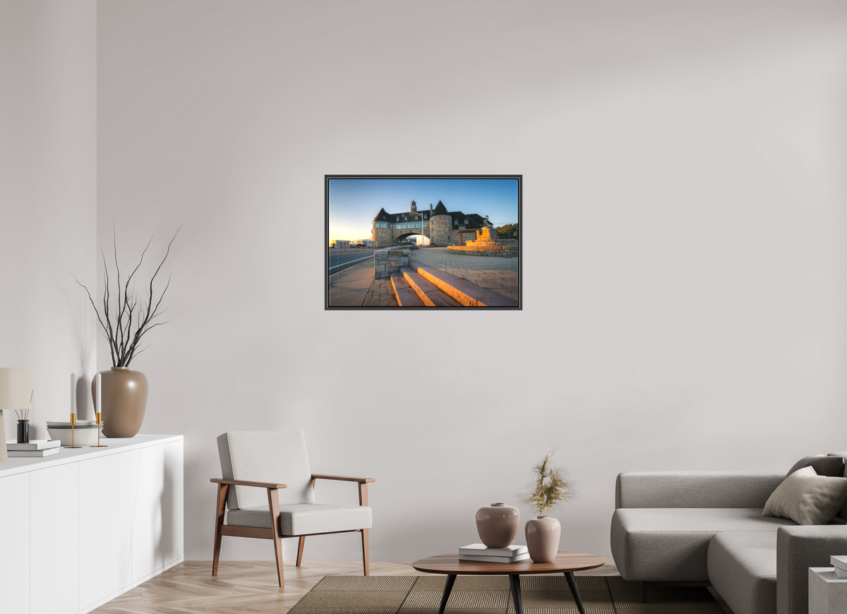 36 x 24″, Matte Canvas Print with Black Wood Floater Frame Golden Sunrise at The Towers