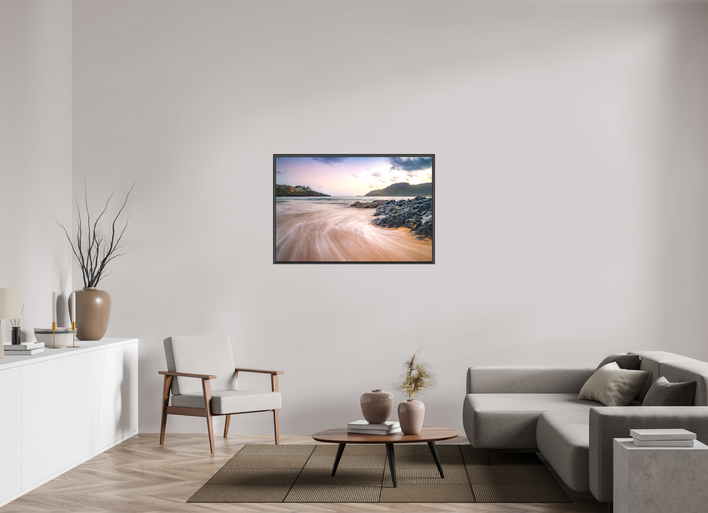 45 x 30″, Matte Canvas Print with Black Wood Floater Frame Waves Retreating