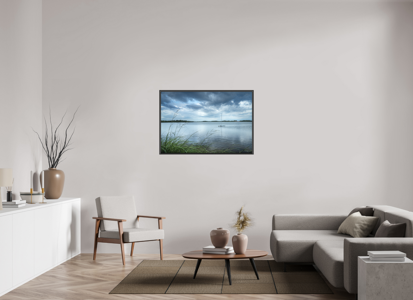 45 x 30″, Matte Canvas Print with Black Wood Floater Frame Lonely Boat on Sachem Pond