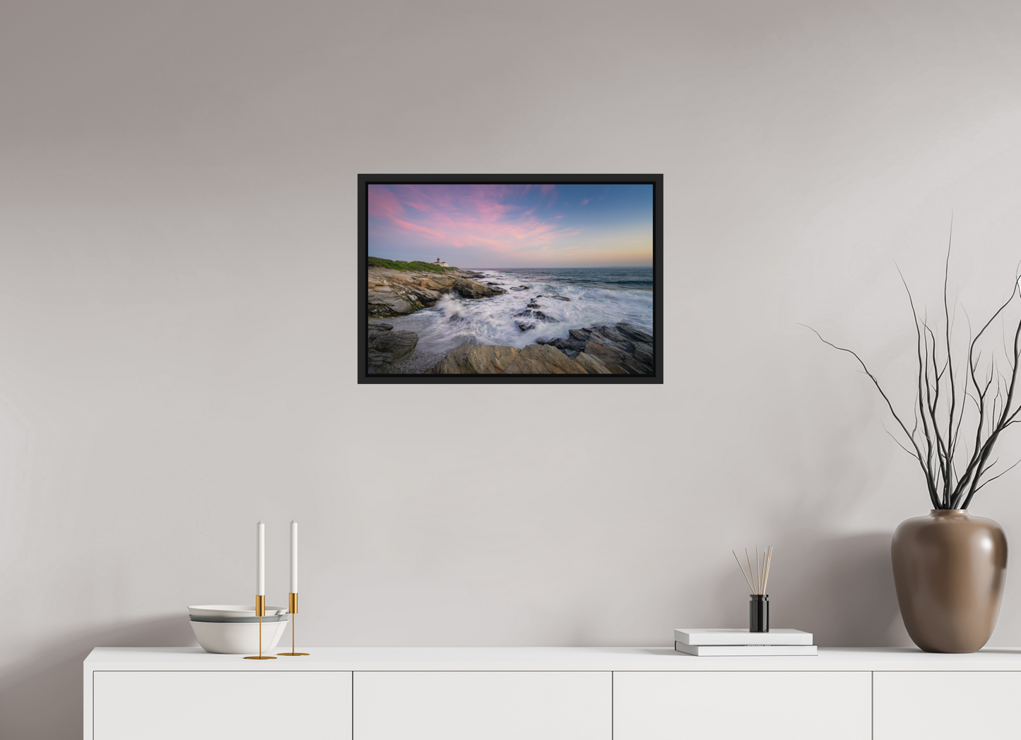 24 x 16″, Premium Photo Print under Acrylic Glass with Black Wood Floater Frame Rough Seas at Sunset