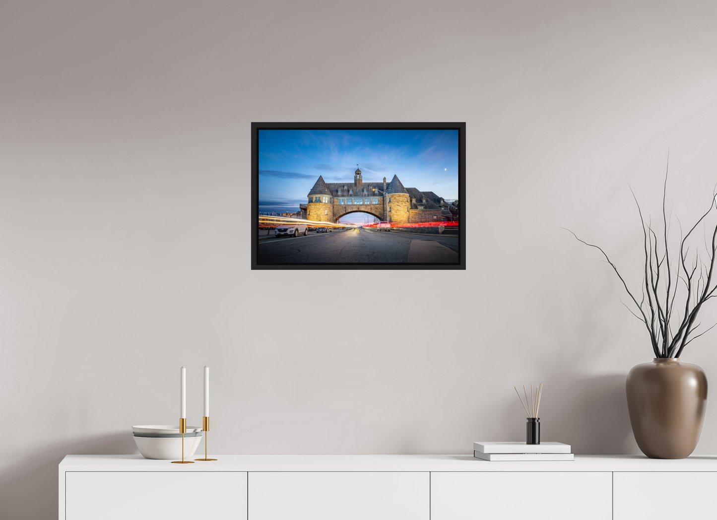 24 x 16″, ChromaLuxe HD Metal Print with Black Wood Floater Frame Narragansett Towers and Light Trails