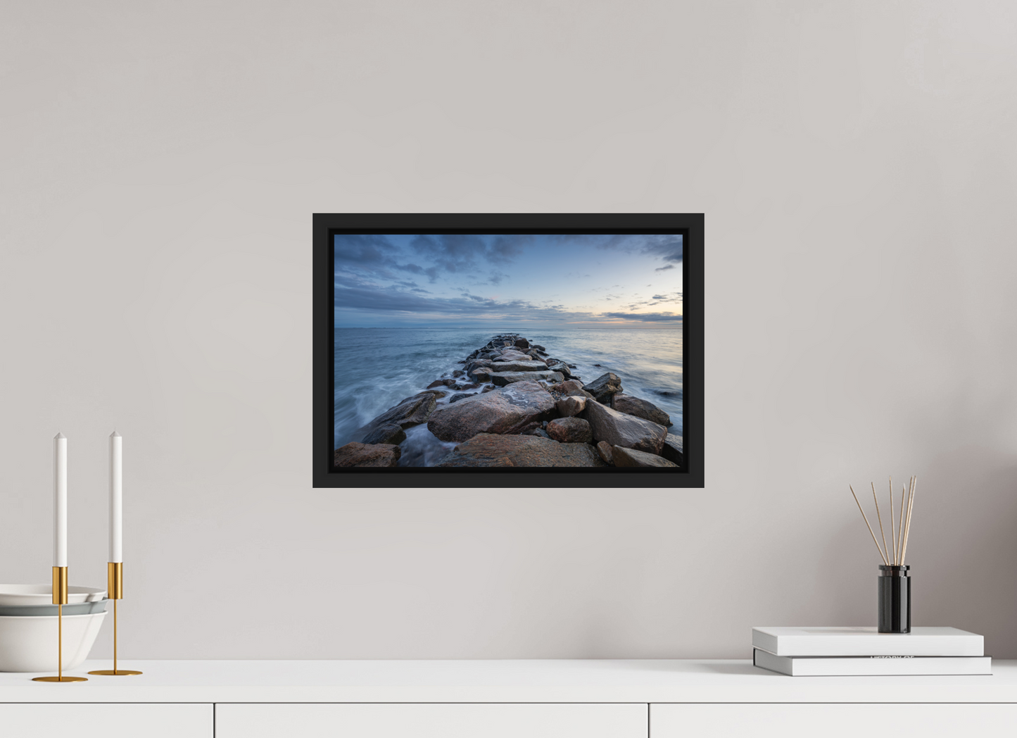 15 x 10″, ChromaLuxe HD Metal Print with Black Wood Floater Frame Roger Wheeler State Beach at Blue Hour