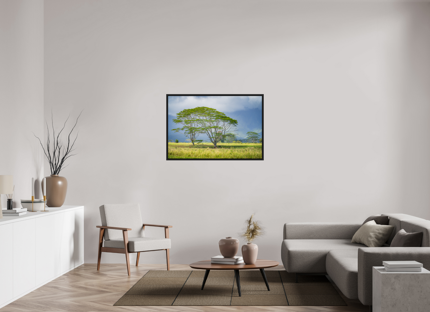 45 x 30″, Photo Print under Acrylic Glass with Black Wood Floater Frame Savanna Trees of Kauai