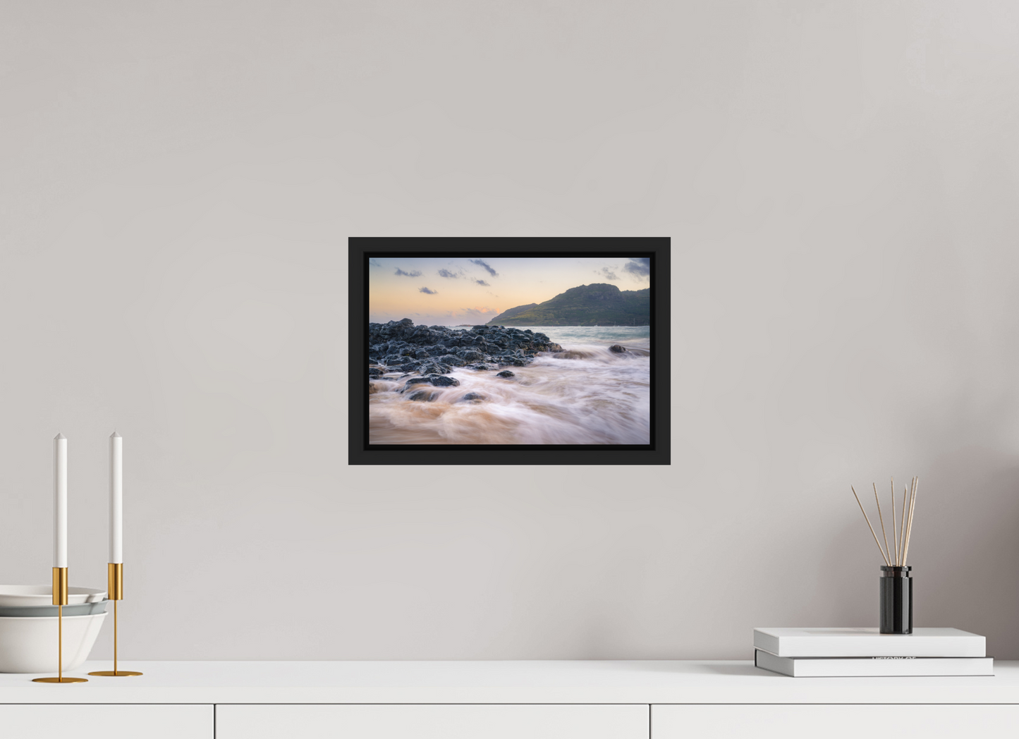 12 x 8″, Photo Print under Acrylic Glass with Black Wood Floater Frame Lihue Sunset