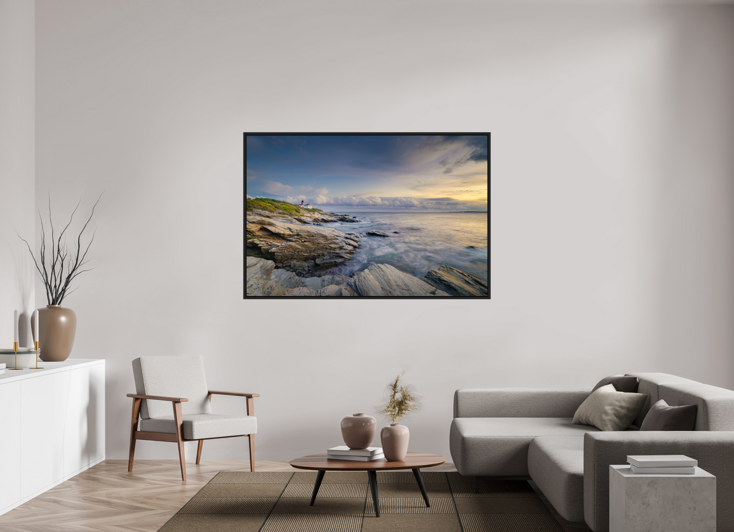 66 x 44″, Photo Print Under Acrylic Glass with Black Wood Floater Frame Twilight at Beavertail Lighthouse