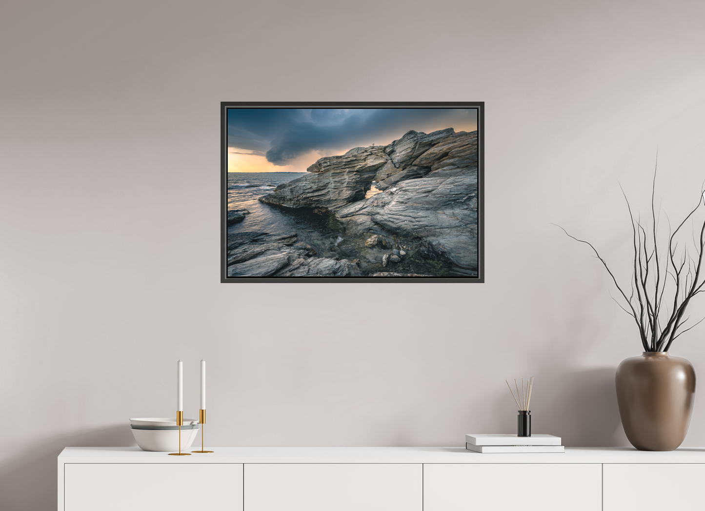 30 x 20″, Matte Canvas Print with Black Wood Floater Frame Thunderstorm Over Beavertail Arch