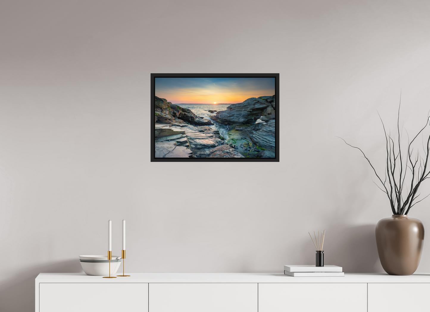 24 x 16″, Photo Print Under Acrylic Glass with Black Wood Floater Frame Sun on the Horizon
