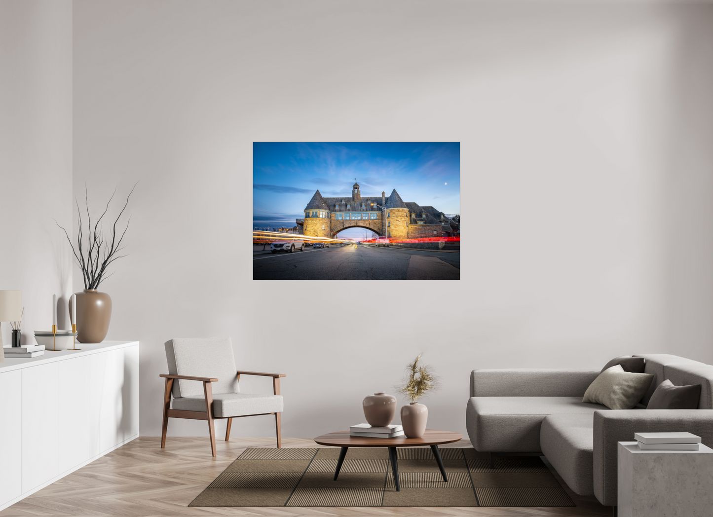 60 x 40″, Photo Print under Acrylic Glass with Black Slimline Case Narragansett Towers and Light Trails