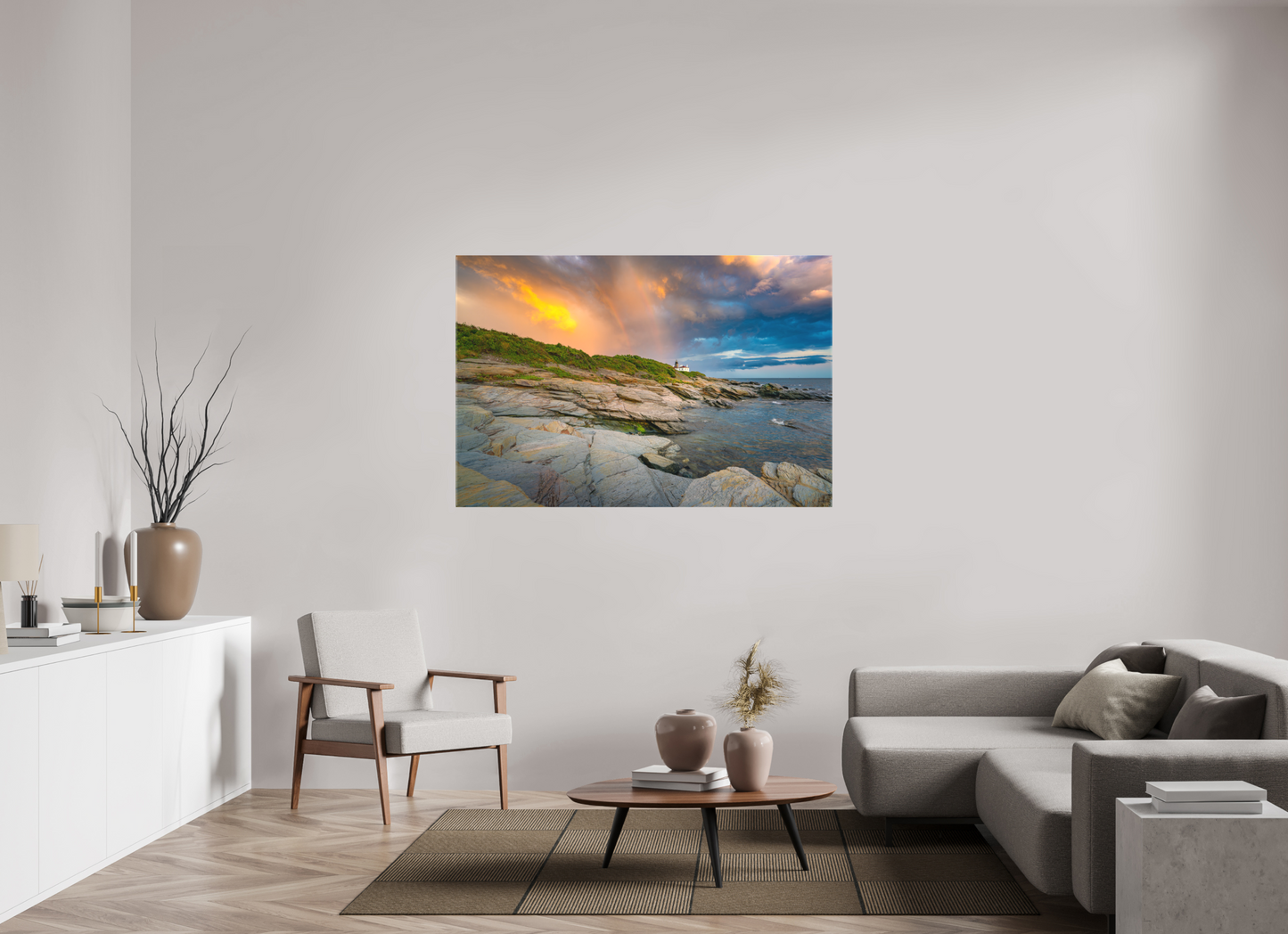 60 x 40″, Matte Canvas Print Rainbow Over Beavertail Lighthouse