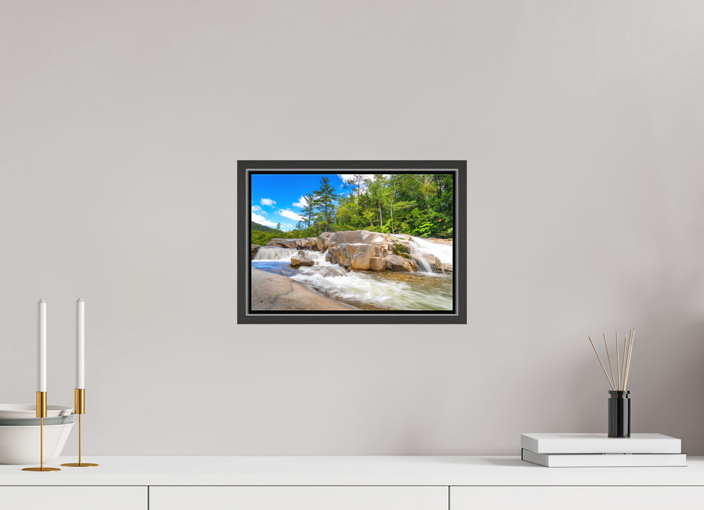 12 x 8″, Matte Canvas Print with Black Wood Floater Frame Kancamagus Waterfall