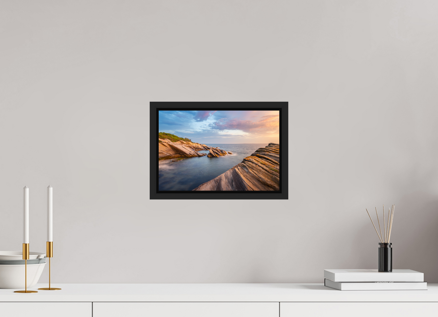 12 x 8″, Premium Photo Print under Acrylic Glass with Black Wood Floater Frame Favorite Spot at Beavertail