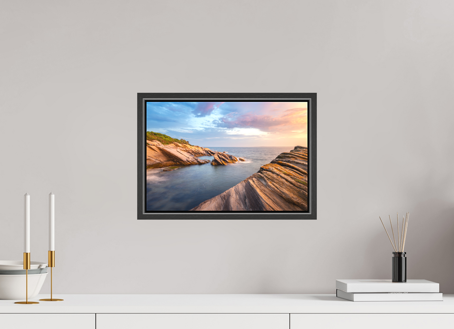 15 x 10″, Matte Canvas Print with Black Wood Floater Frame Favorite Spot at Beavertail