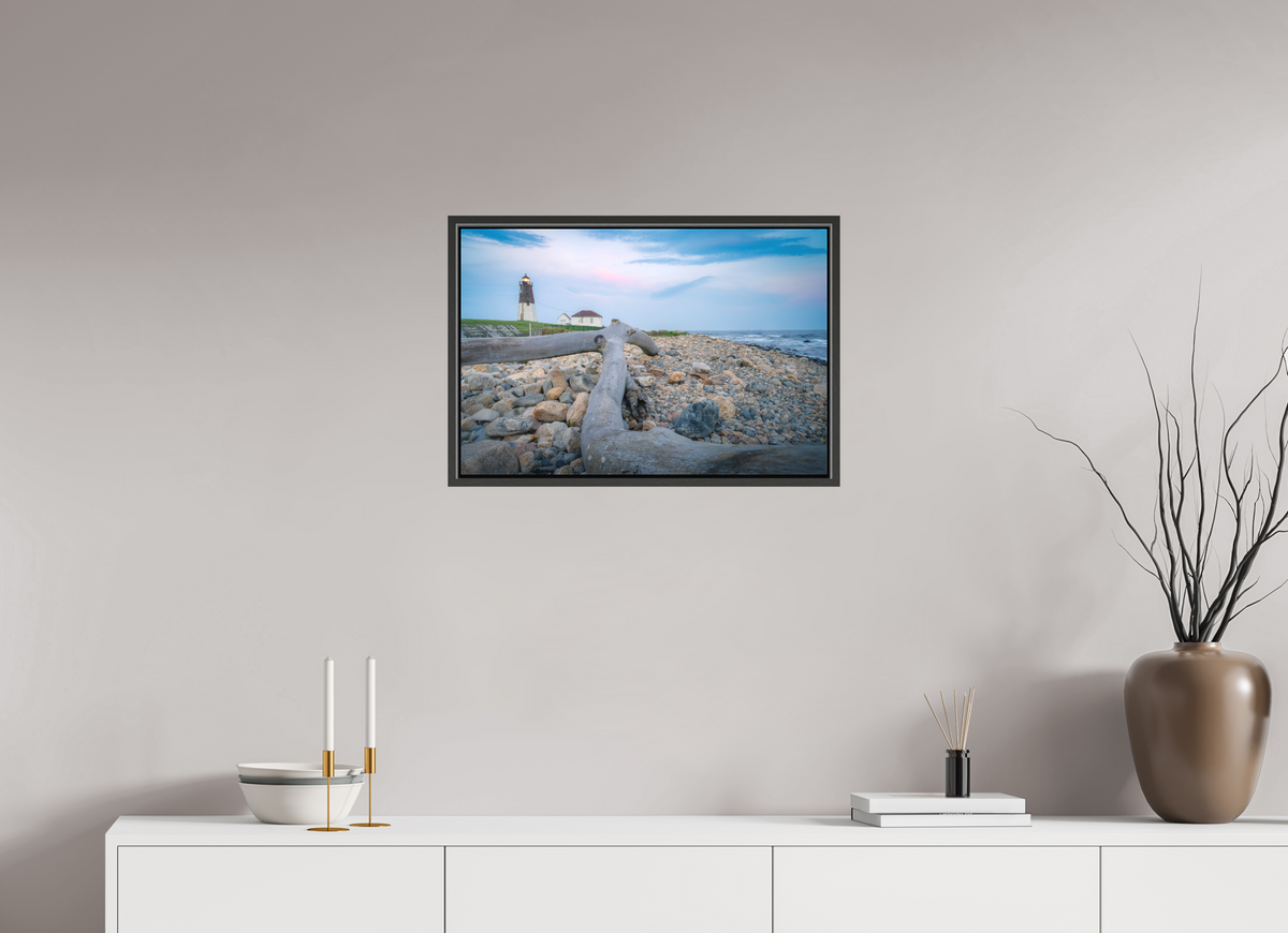 24 x 16″, Matte Canvas Print with Black Wood Floater Frame Driftwood at Pt. Judith Lighthouse