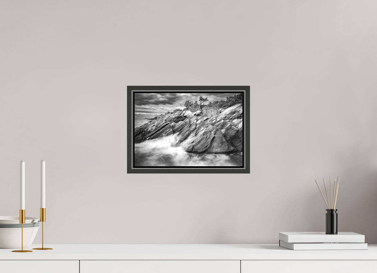 12 x 8″, Matte Canvas Print with Black Wood Floater Frame Rough Seas Against Beavertail Cliffs