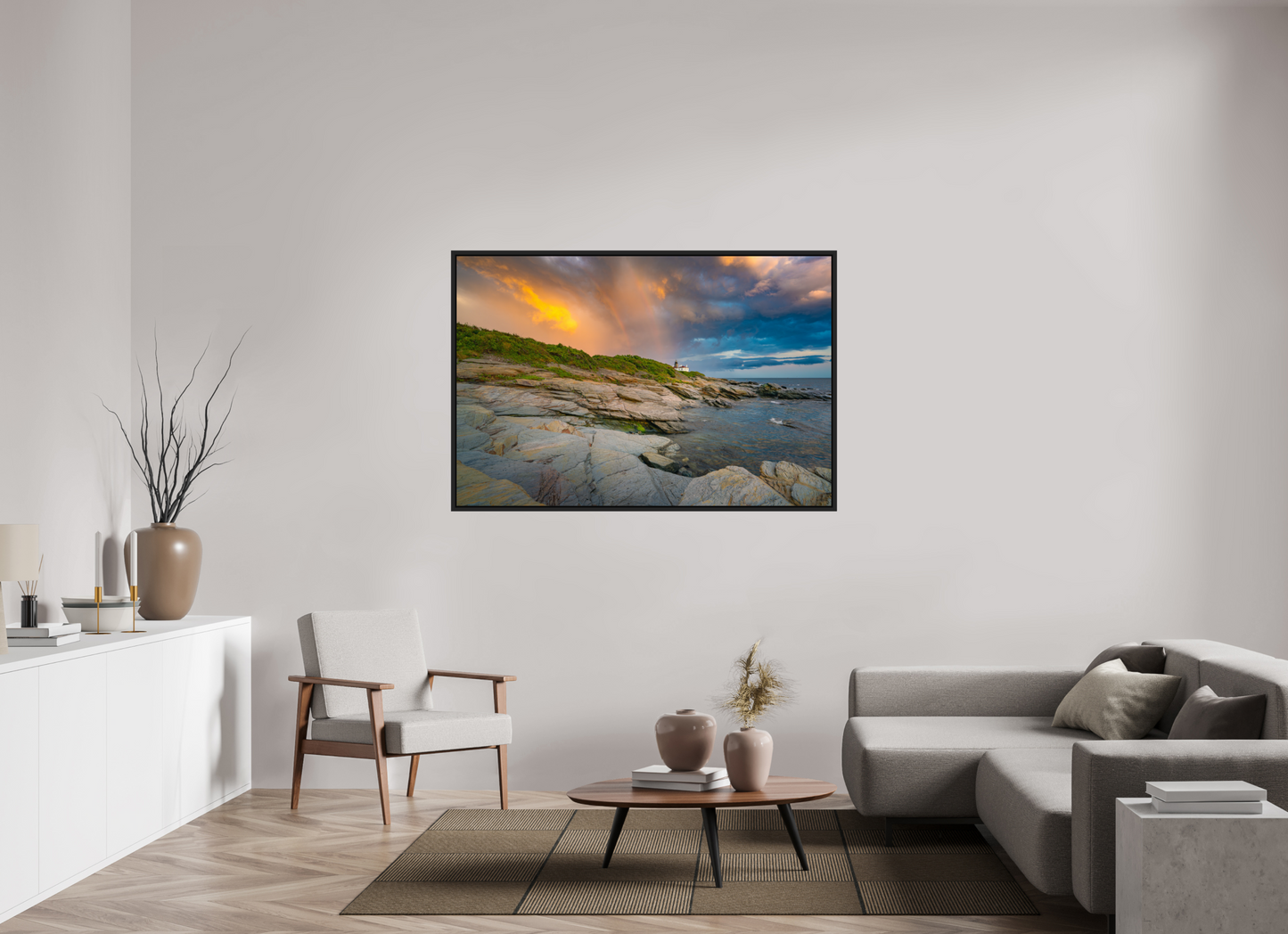 60 x 40″, Premium Photo Print under Acrylic Glass with Black Wood Floater Frame Rainbow Over Beavertail Lighthouse