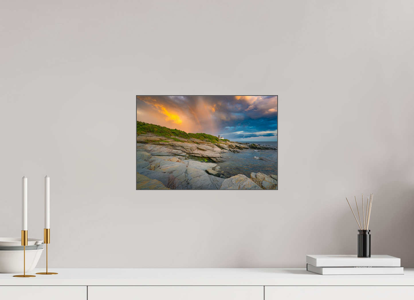 15 x 10″, Premium Photo Print under Acrylic Glass with Black Slimline Case Rainbow Over Beavertail Lighthouse