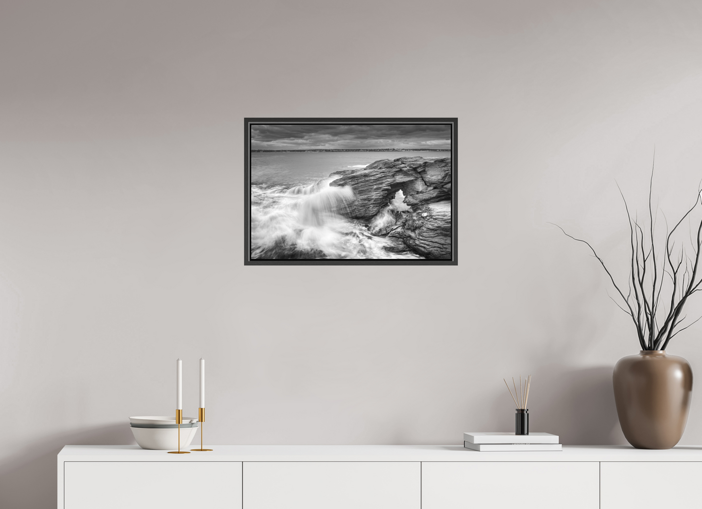24 x 16″, Matte Canvas Print with Black Wood Floater Frame Waves Over Arches