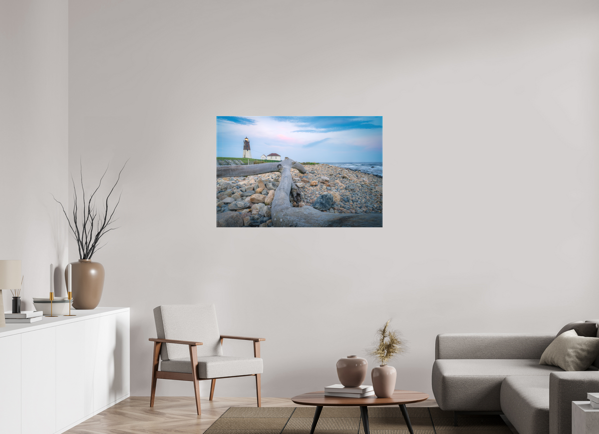 45 x 30″, Matte Canvas Print Driftwood at Pt. Judith Lighthouse
