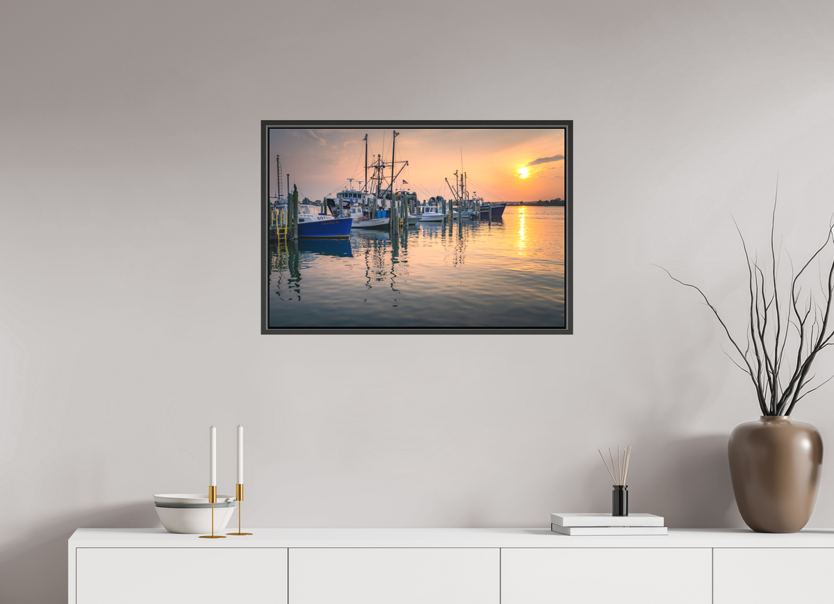30 x 20″, Matte Canvas Print with Black Wood Floater Frame Boats at Sunset