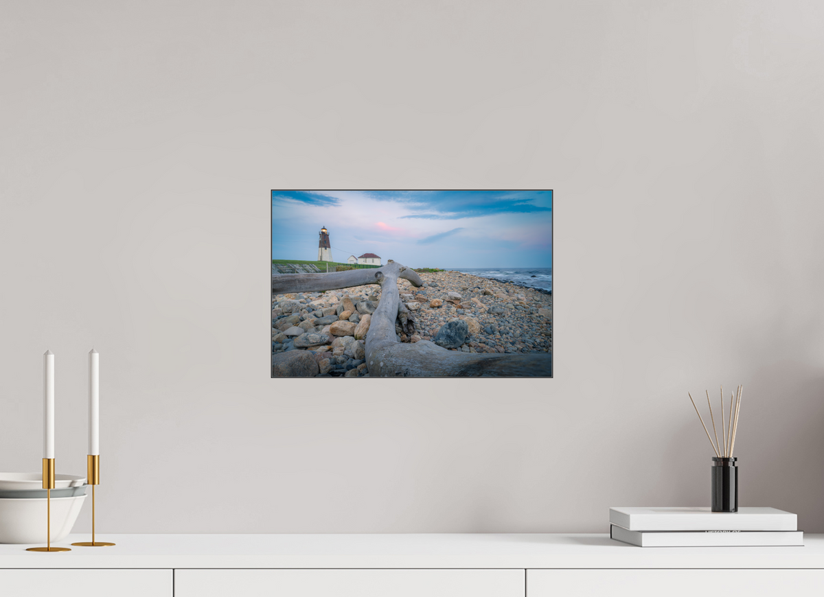 15 x 10″, Premium Photo Print under Acrylic Glass with Black Slimline Case Driftwood at Pt. Judith Lighthouse
