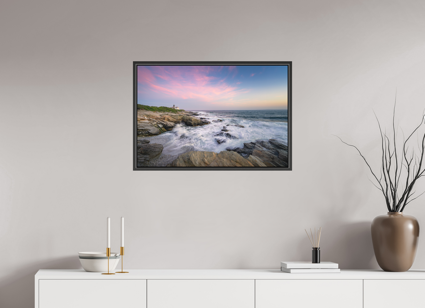 30 x 20″, Matte Canvas Print with Black Wood Floater Frame Rough Seas at Sunset