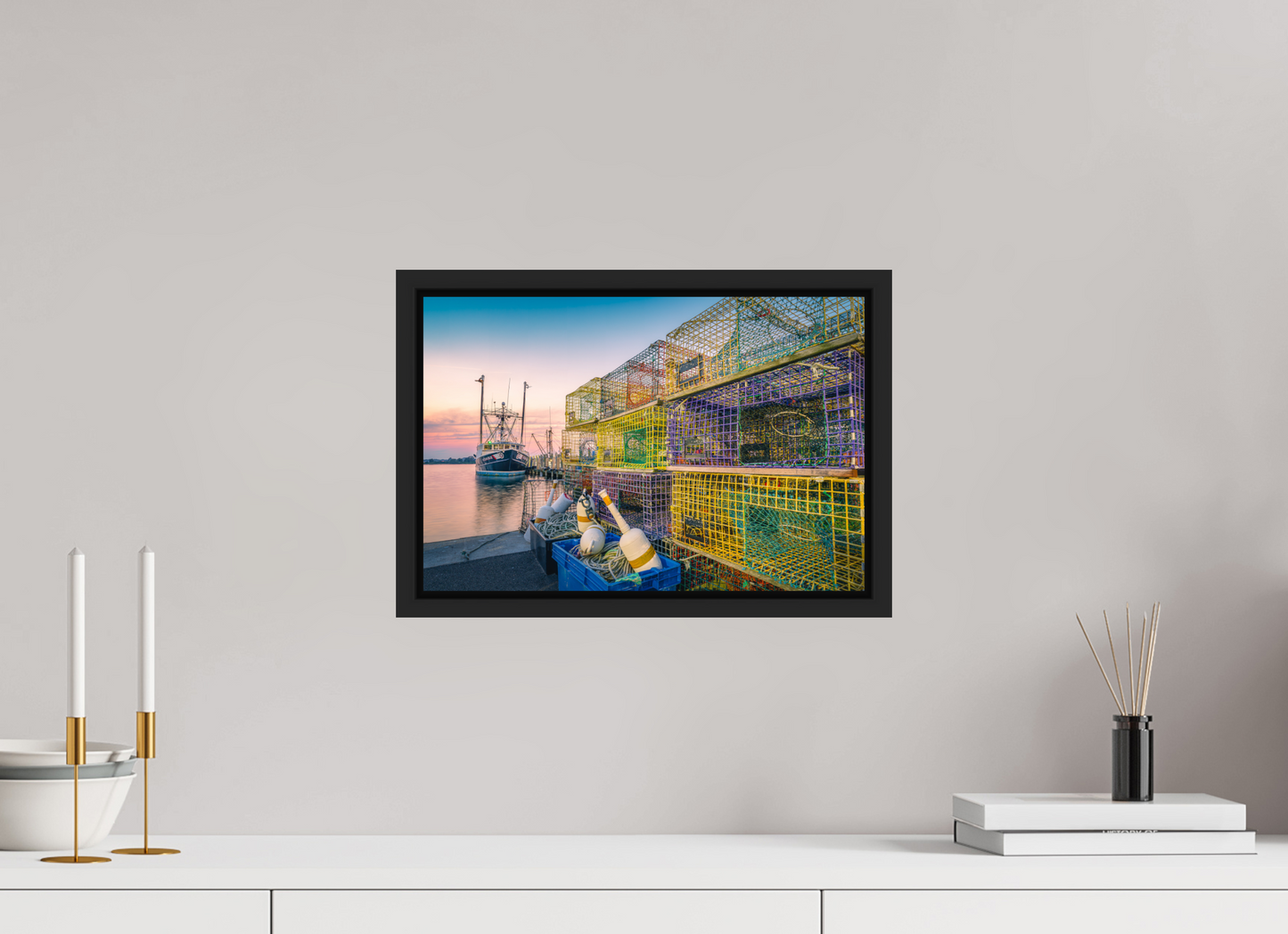 15 x 10″, Premium ChromaLuxe HD Aluminum Metal Print with Black Wood Floater Frame A Wall of Colorful Lobster Pots