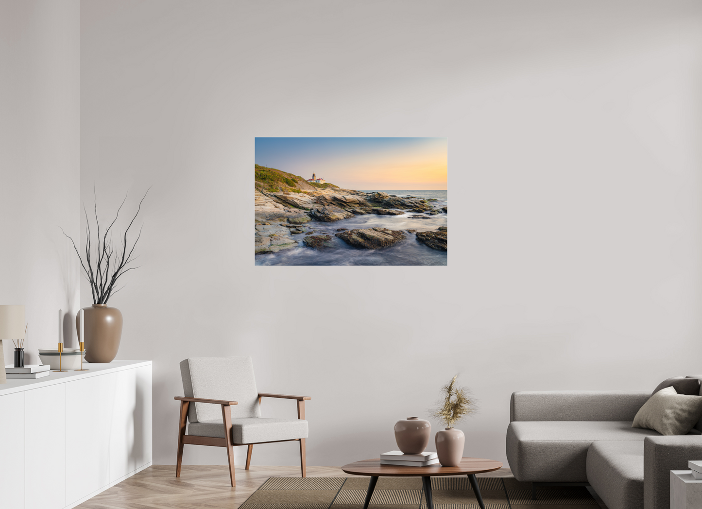 45 x 30″, Premium Photo Print under Acrylic Glass Quiet Sunset at Beavertail Lighthouse