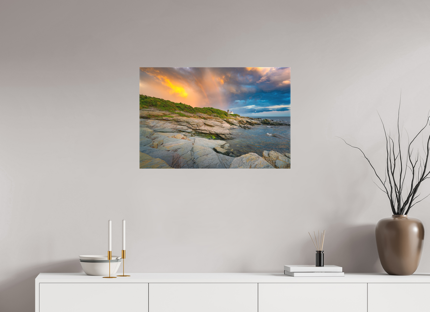 30 x 20″, Matte Canvas Print Rainbow Over Beavertail Lighthouse