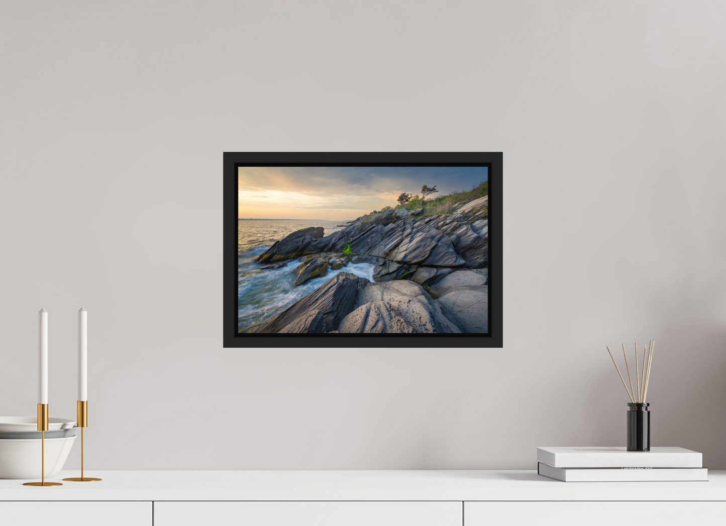 15 x 10″, Premium Photo Print under Acrylic Glass with Black Wood Floater Frame Sunset Glow at Beavertail